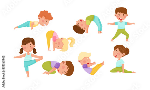 Little Boy and Girl Standing in Yoga Pose Breathing Deeply Vector Illustrations Set