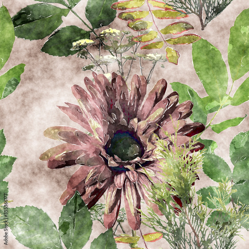 art vintage watercolor colorful floral seamless pattern with big gerbera, leaves and grasses on background