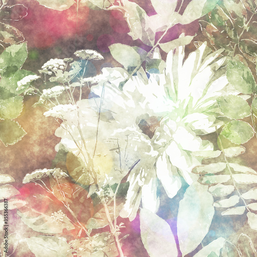 art vintage blurred colorful watercolor and graphic floral seamless pattern with peonies, gerbera, grasses and leaves on white background. Double Exposure and Bokeh effect