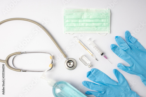 Medical protective equipment, gloves, syringes, slings, masks, stethoscopes