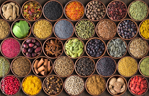 Indian spices and herbs background. various condiments, top view