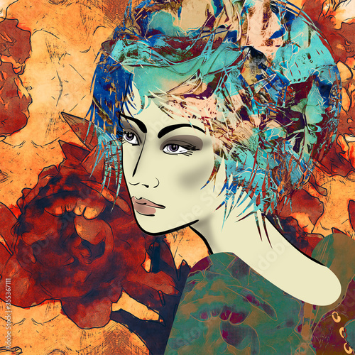 art colorful sketched beautiful girl face in profile with flowers in curly hair on floral background in mixed media style