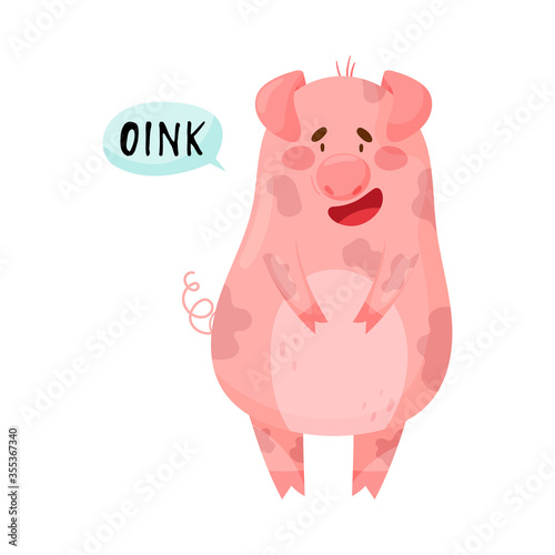 Pink Pig with Open Mouth Making Oink Sound Isolated on White Background Vector Illustration