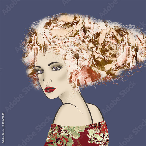 art colorful illustration with face of beautiful girl in profile with floral afro funky curly hair, in party dress on blue background in mixed media style