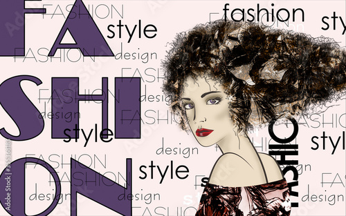 art colorful and monochrome sketched beautiful girl face in profile in mixed media style with floral curly hair on light background with word fashion, style, model, design