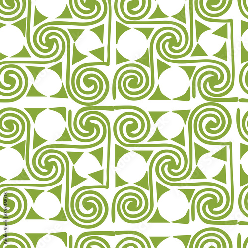 Geometric celtic seamless pattern. Summer background with green and yellow spiral ornaments.