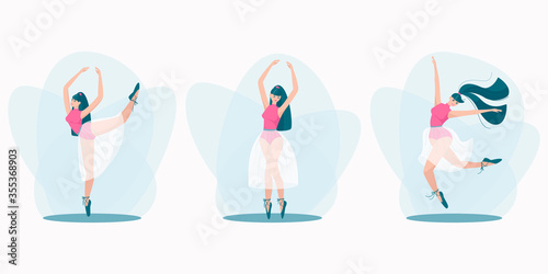 Set of beautiful poses of a dancing girl. Girl in a beautiful dance jump. Elegant pose on one leg. A girl in a beautiful skirt and pointe shoes performs dance moves. Flat vector illustration.

