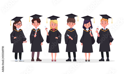 Group of graduating students standing together. Vector people illustration.