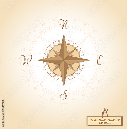 Compass direction. Navigation wind rose illustration. Old vintage map. Wind rose a tool to guide travelers and read maps. North, South, East, West. vector brown illustartion