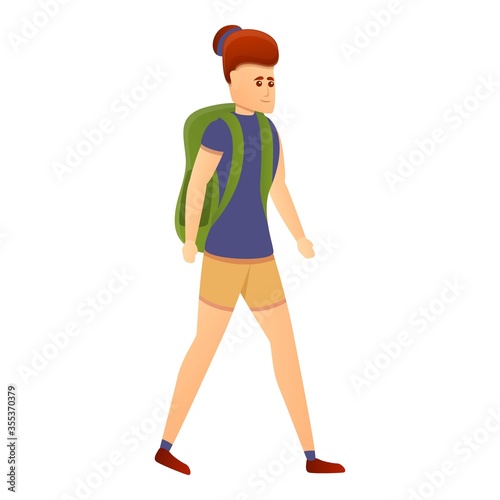 Walking tourist girl icon. Cartoon of walking tourist girl vector icon for web design isolated on white background