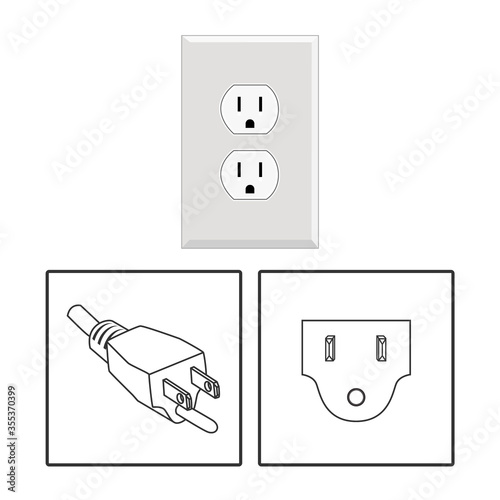 US socket and plug. Icon set. Three pin socket sheme isolated vector graphic illustration. simple diagram electrical appliance plug