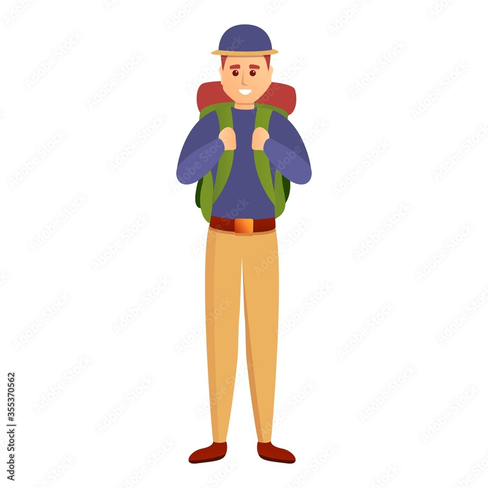 Tourist with backpack icon. Cartoon of tourist with backpack vector icon for web design isolated on white background Tourist with backpack icon. Cartoon of tourist with backpack vector icon for web design isolated on white background