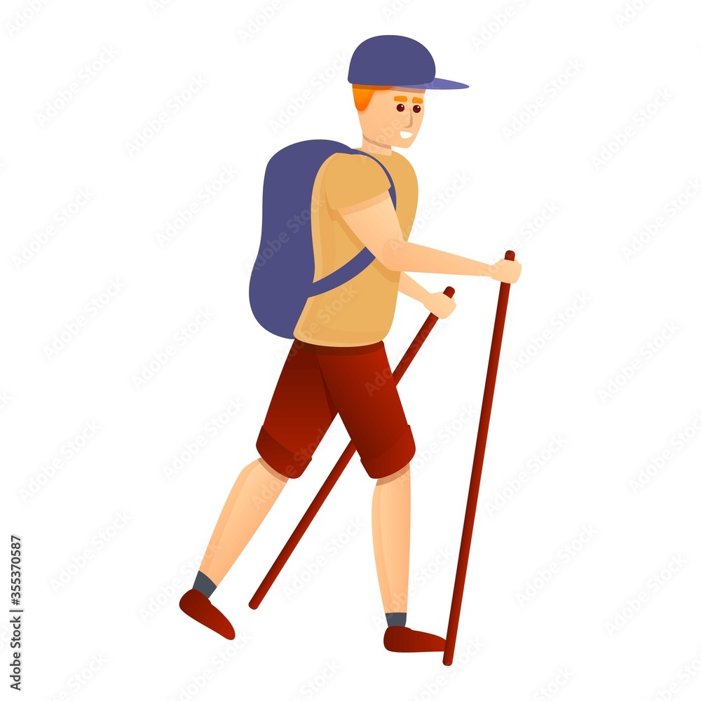 Hiking boy icon. Cartoon of hiking boy vector icon for web design isolated on white background Hiking boy icon. Cartoon of hiking boy vector icon for web design isolated on white background