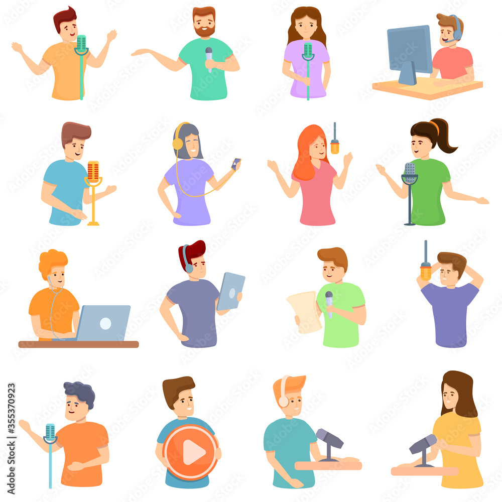 Podcast icons set. Cartoon set of podcast vector icons for web design Podcast icons set. Cartoon set of podcast vector icons for web design