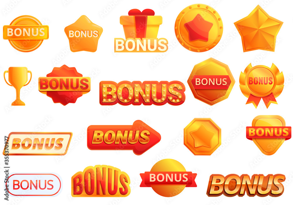 Bonus icons set. Cartoon set of bonus vector icons for web design