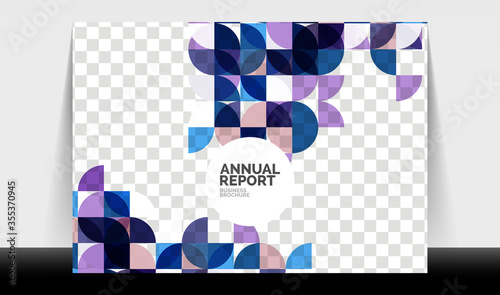 Horizontal A4 business flyer annual report template, circles and triangle style shapes modern geometric design for brochure layout, magazine or booklet