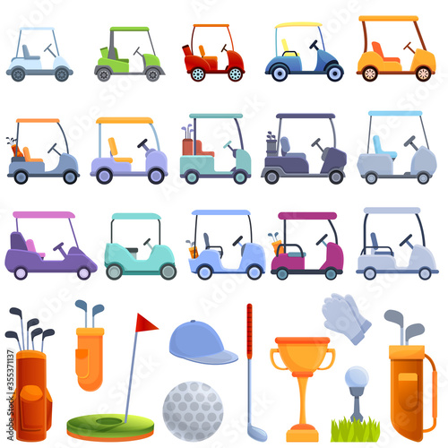 Golf cart icons set. Cartoon set of golf cart vector icons for web design
