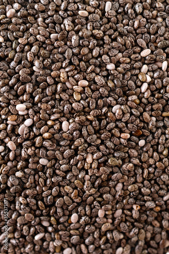 Chia seeds close-up background . The texture of the Chia seeds. Copy space.