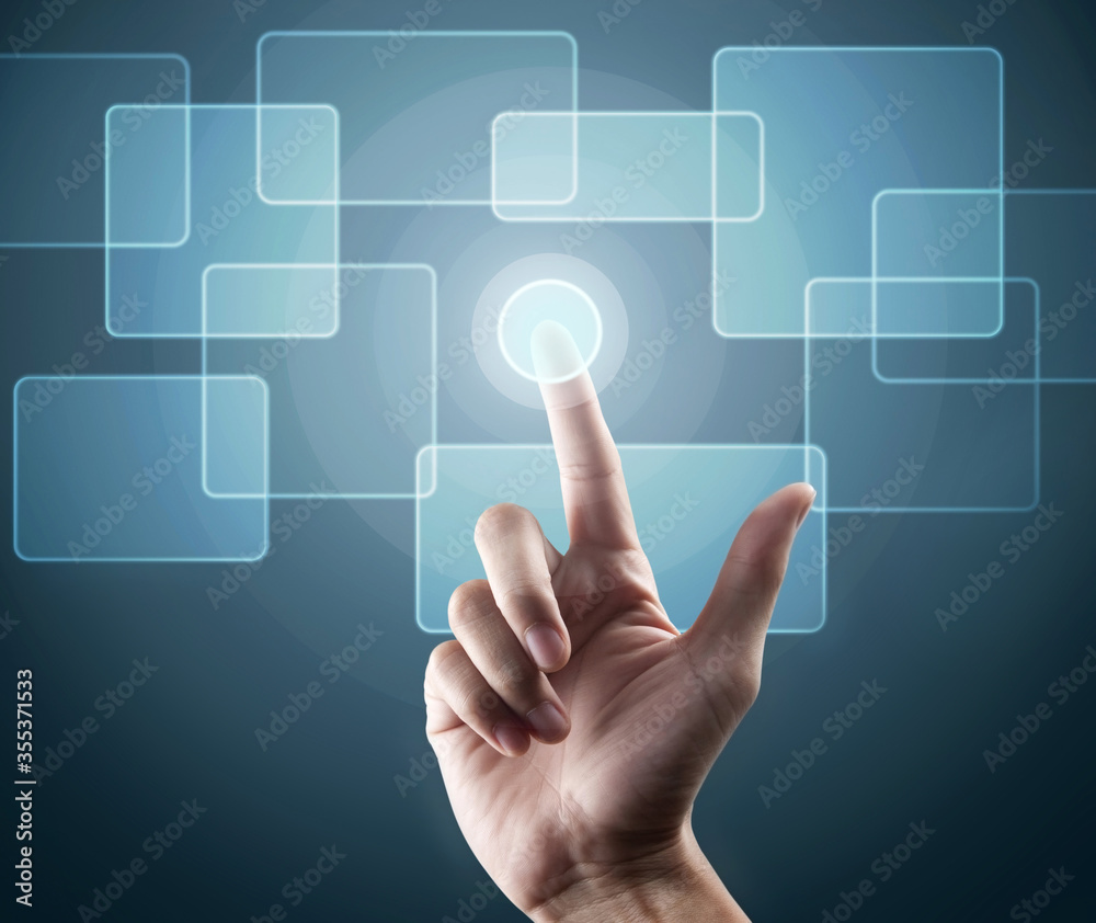 hand pushing a button on a touch screen dialog box interface hand pushing a button on a touch screen dialog box interface