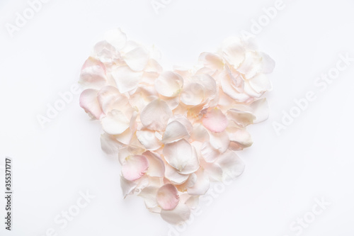 Heart shape of tender pink rose petals. On white background