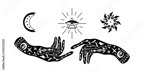 Vector illustration of hand with tattoos, alchemy symbol with a triangle and an eye with rays. abstract graphics with occult and mystical signs. Hand-drawn style. spiritual intention. concept of magic