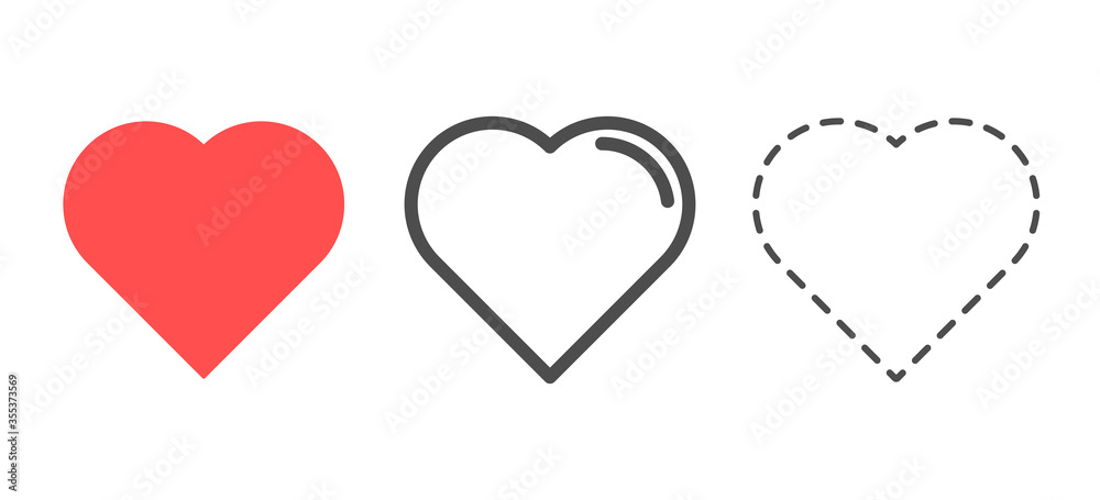 Heart Like Love Icon Set. Dashed Outline, Red Color, Minimal Style. Heart Icon Set. Like Icon For Social Media Facebook, Instagram. Vector Illustration Eps10