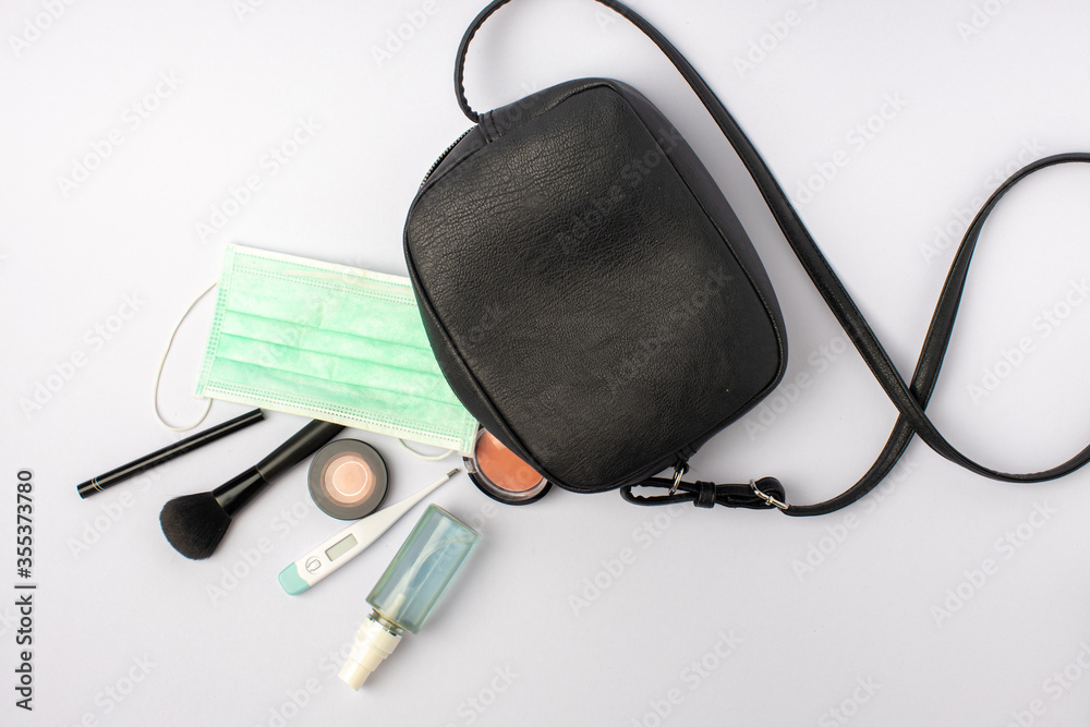 black bag of women during covid alcohol gel mercury mass cosmetics cheek brush, new normal black bag of women during covid alcohol gel mercury mass cosmetics cheek brush, new normal