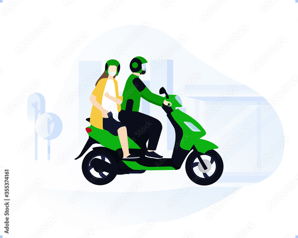 Online Motorcycle taxi driver wearing green jacket and helmet with her costumer riding together with safety ride toolkits and masker with city building silhouette background. Online Motorcycle taxi driver wearing green jacket and helmet with her costumer riding together with safety ride toolkits and masker with city building silhouette background.