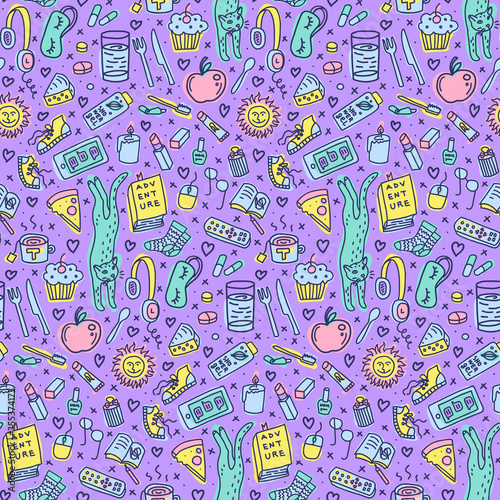 Objects at home doodles. Seamless pattern in pastel purple