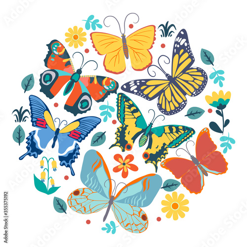 Collection of butterflies in a circle. Vector graphics.