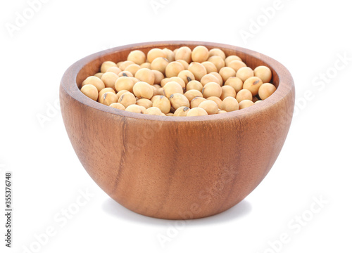 Soybean with wooden cup isolated on a white.