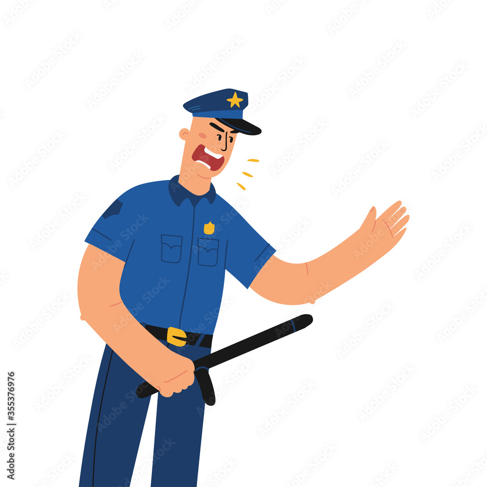Police officer in uniform using stick flat design vector illustration. American policeman hits with a baton Police officer in uniform using stick flat design vector illustration. American policeman hits with a baton