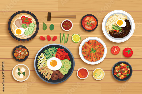 korean food set on top view wooden table background.