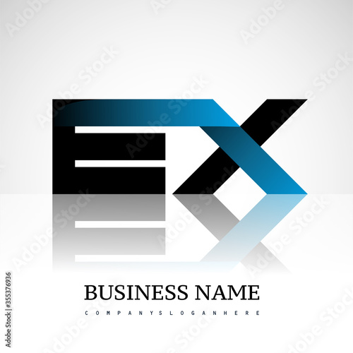 Initial letter EX uppercase modern and simple logo linked blue and black colored, isolated in white background. Vector design for company identity.