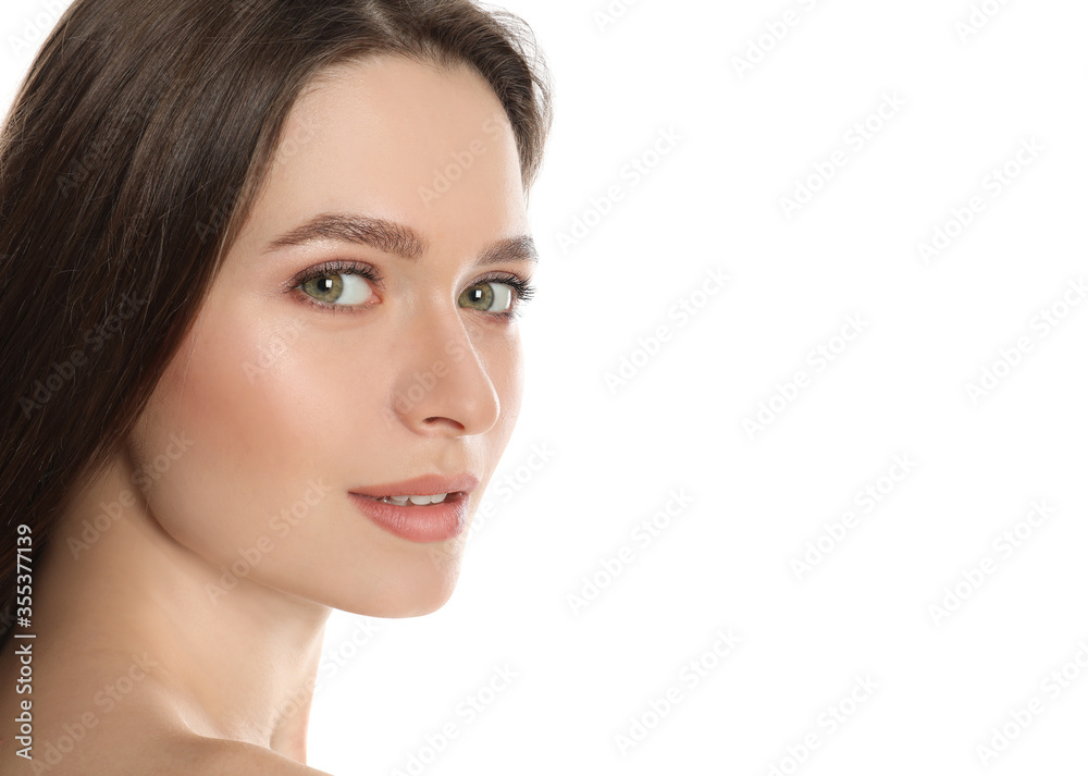 Portrait of young woman with beautiful face on white background Portrait of young woman with beautiful face on white background
