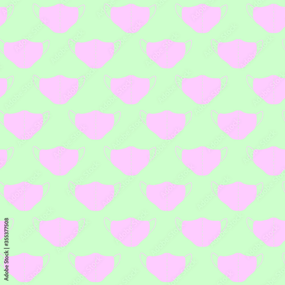 Seamless pattern with pink medical face masks isolated on green background. Virus protection, quarantine. Coronavirus pandemic. Covid-19