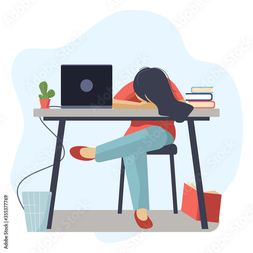 The girl is sitting at the table, tired, tired of everything, so she put her head in her hands. Concept-education, freelance work or business remotely. Vector illustration in flat style.
