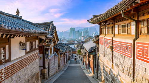 Bukchon Hanok Village in Seoul City, Traditional Korean style ancient architecture building, Seoul, South Korea. photo