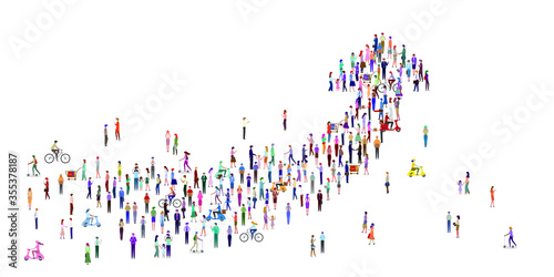 A large group of people in the shape of a growing arrow. Success business concept. Isolated, white background. Vector illustration.