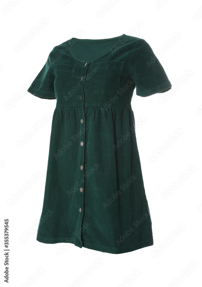 Stylish short dark green velour dress on white background Stylish short dark green velour dress on white background