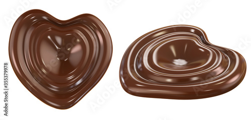 Melted chocolate heart shaped. Swirl isolated on white background. 3d illustration