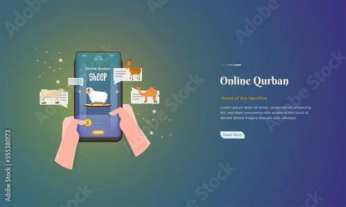 Online Qurban application concept, holding a smartphone to choose a sacrificial animal