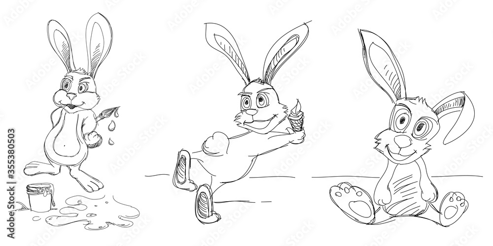 Fototapeta premium Character bunny in sketch design style on white background.