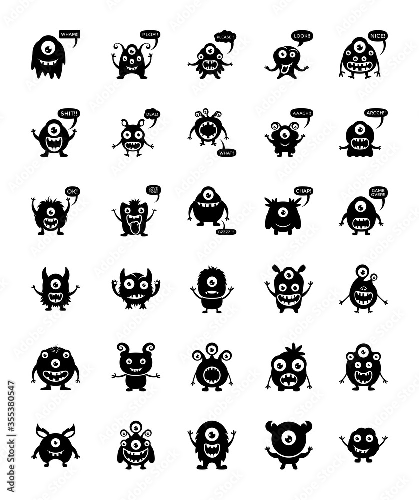Monsters Growling and Screaming Solid Icons Set