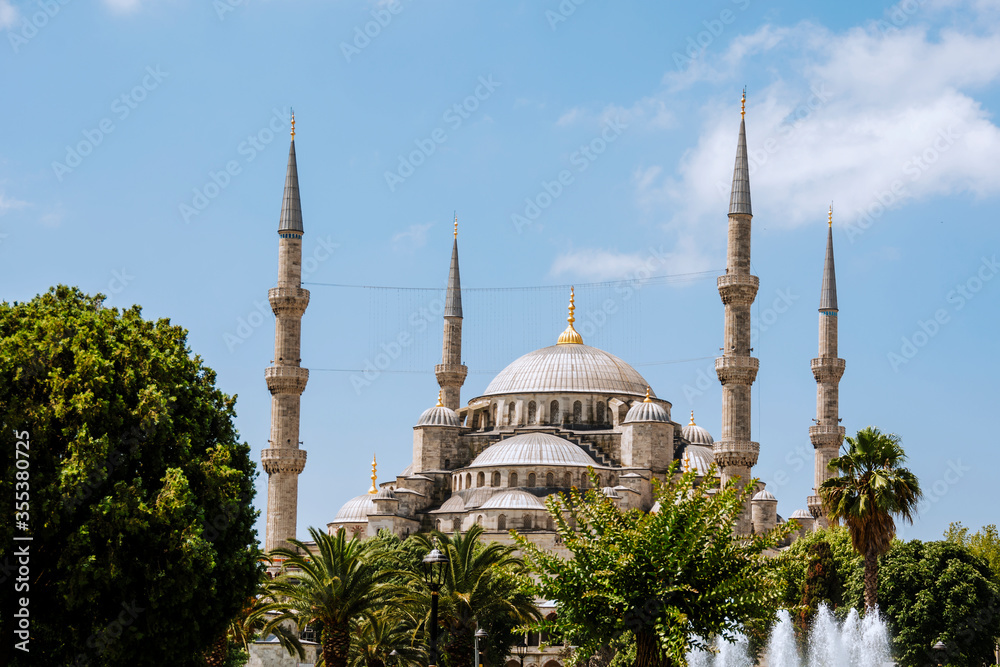 Obraz premium Blue Mosque or Sultanahmet Camii in Istanbul, Turkey. Scenic view of the beautiful Blue Mosque in summer.