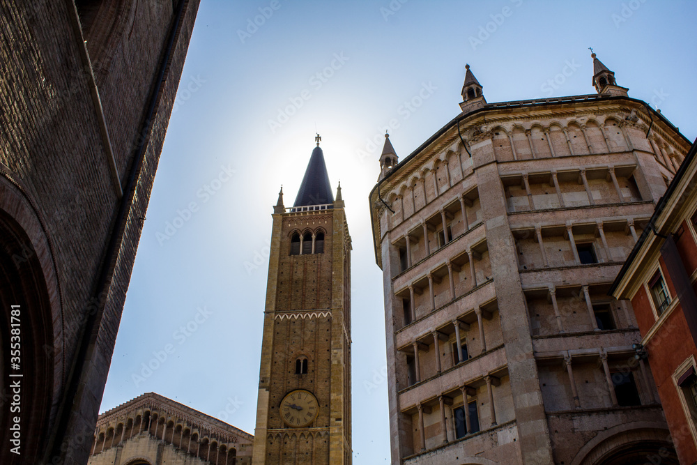 View of Cathedral Clock Tower and Baptistery, Piazza del Duomo, Parma