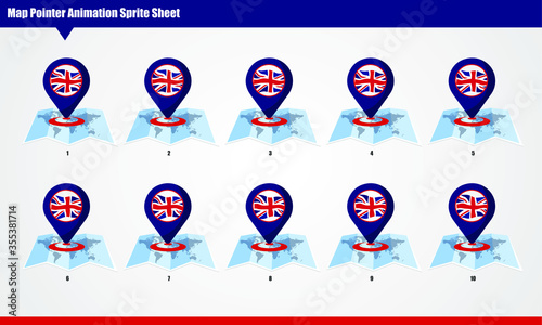 UK Map marker with animated flag Sprite Sheet. Smooth waving animation sprites on white background.