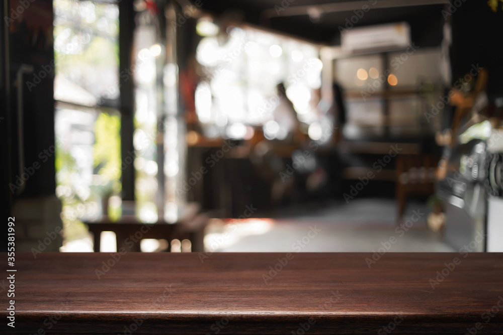 Empty desk platform over cafe background. For product display montage. Empty desk platform over cafe background. For product display montage.