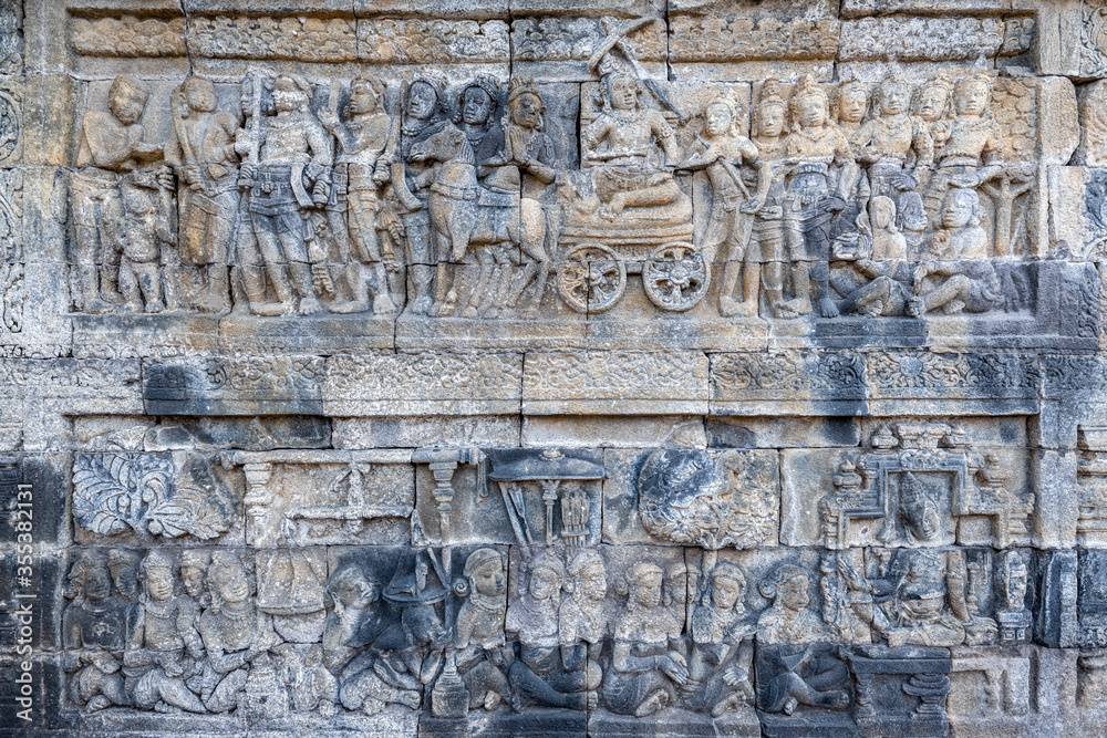 The stories from Mahayana Buddhist Sutras carved on the relief panels of Borobudur Temple (750AD)