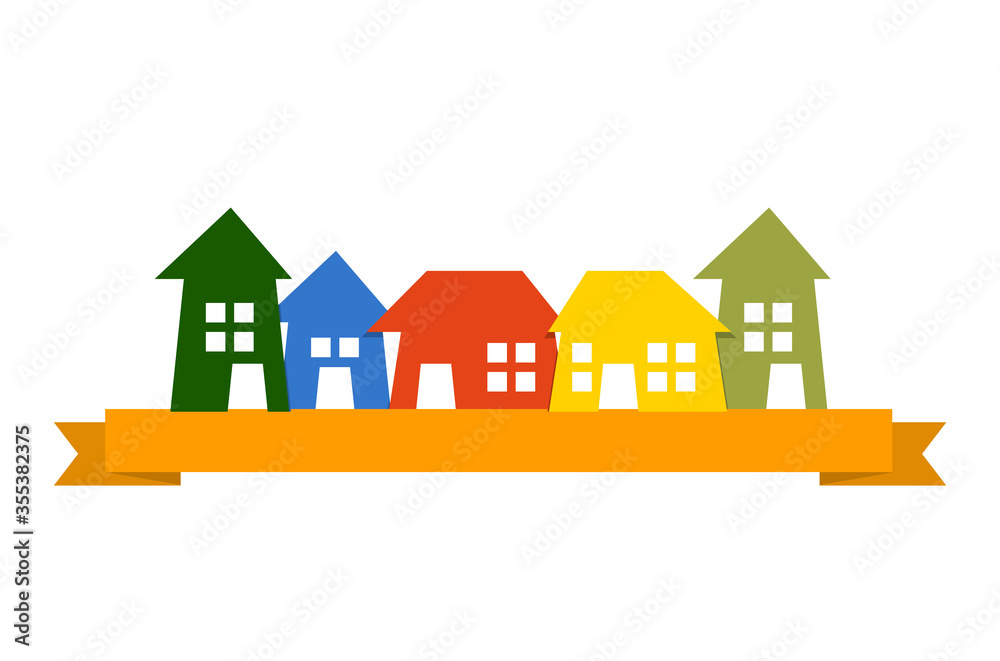 Houses or real estate.   Color residential buildings logo  has space for text on background. Touristic and real estate creative emblem, cottages front view.